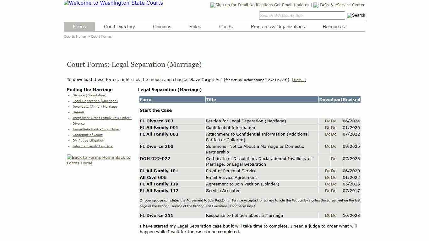 Washington State Courts - Court Forms - Legal Separation (Marriage) - With Dependent Children